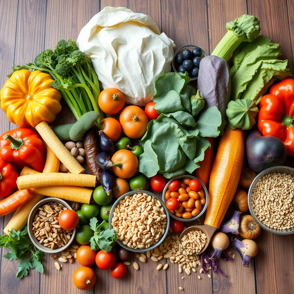 Vibrant array of fresh plant-based foods including colorful vegetables, fruits, nuts, seeds, and grains arranged on a wooden table with natural lighting, showcasing the diversity and appeal of modern plant-based nutrition
