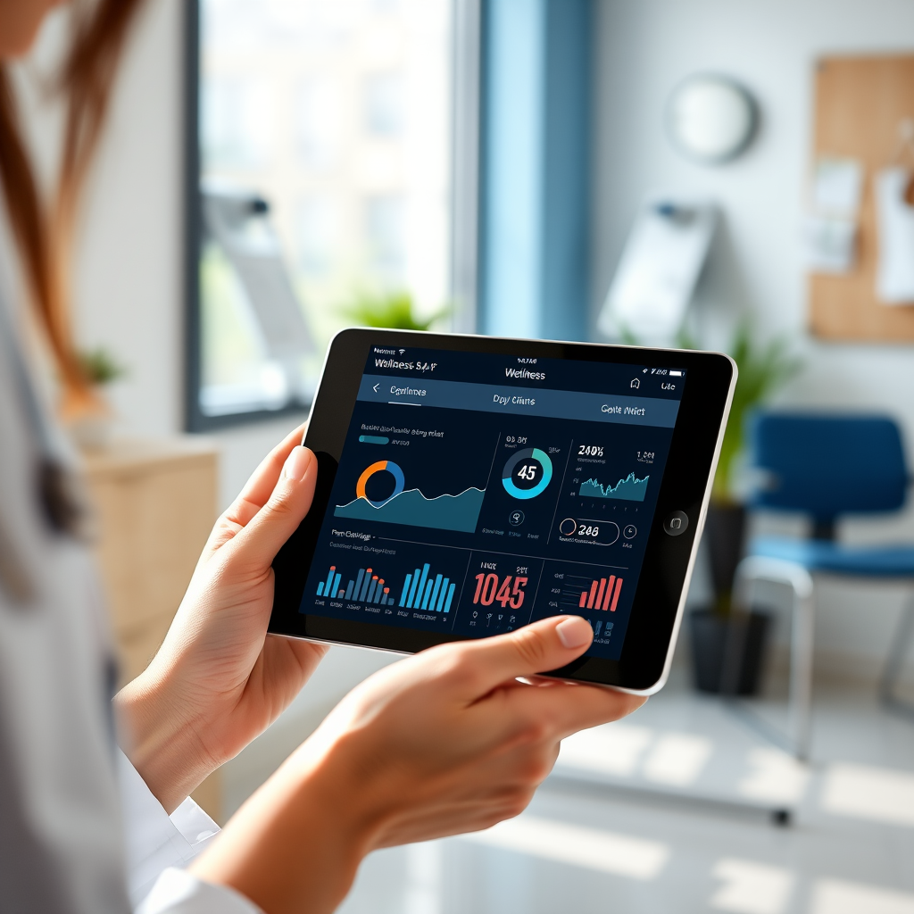 Healthcare professional using a tablet displaying digital wellness app interface with health metrics and charts, modern medical office setting with natural lighting