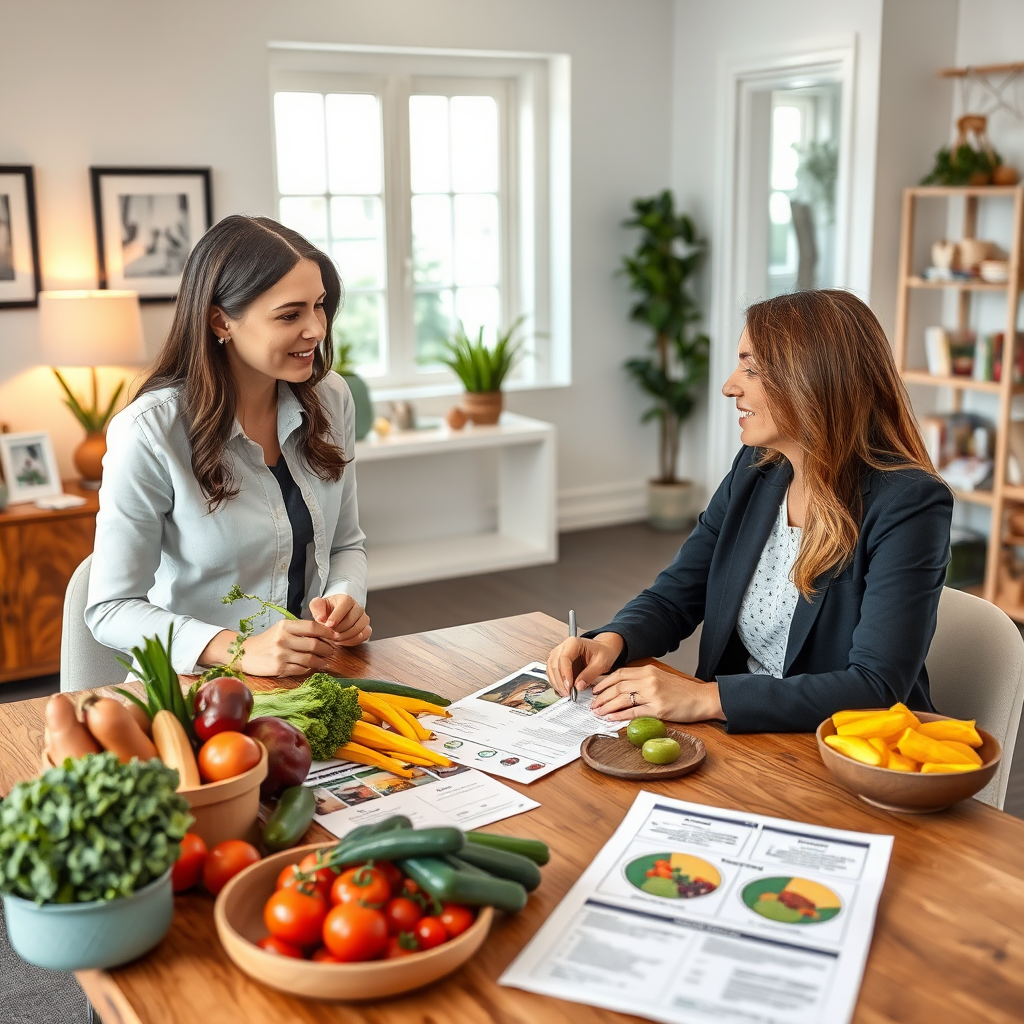 Professional nutritionist consulting with client over healthy meal planning, showing colorful fresh vegetables, fruits, and personalized dietary charts on a wooden table in a bright, welcoming office environment