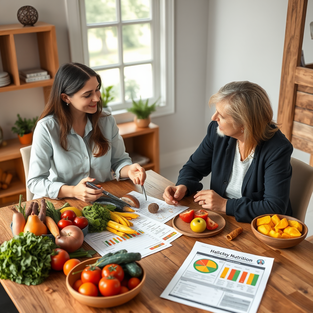 Certified nutritionist consulting with client over healthy meal planning session, showing fresh vegetables, fruits, and personalized nutrition charts on a wooden table