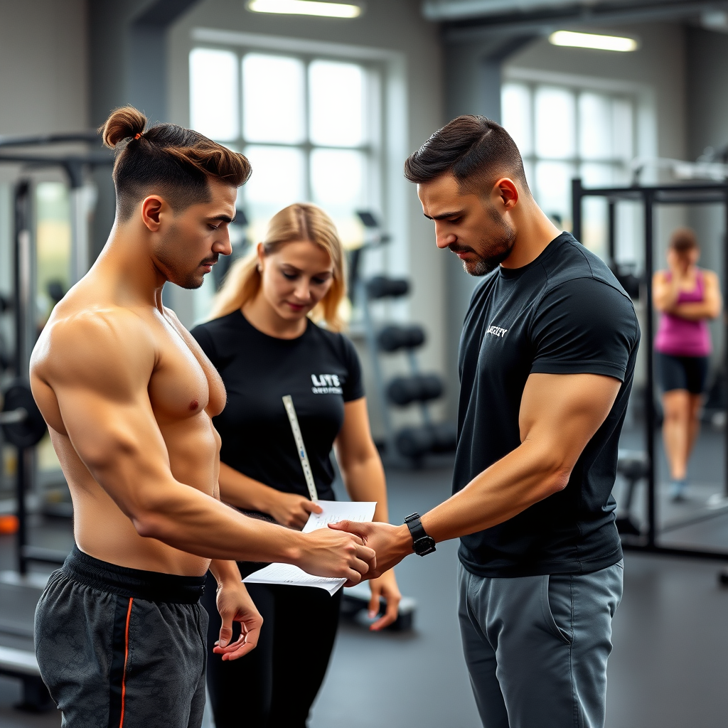 Professional fitness trainer conducting a comprehensive fitness assessment with a client in a modern gym setting, measuring body composition and movement patterns