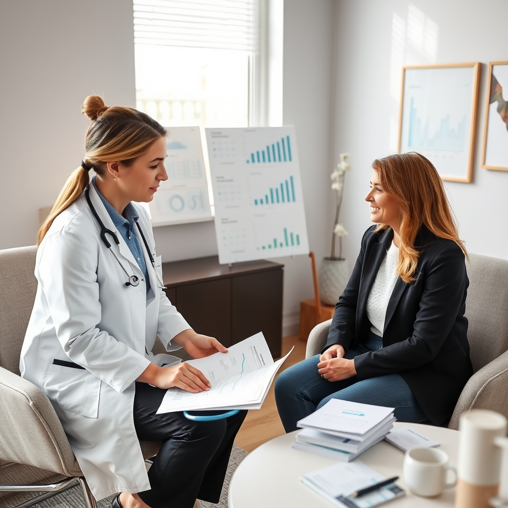 Professional health consultant reviewing wellness assessment charts and health metrics with a client in a modern, calming consultation room with natural lighting