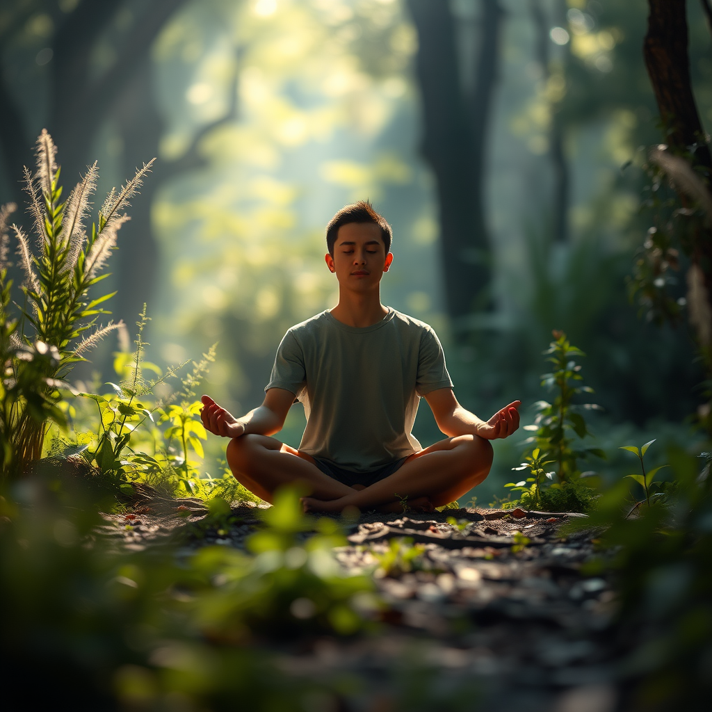 Peaceful meditation scene with person sitting cross-legged in serene natural environment surrounded by soft lighting and plants