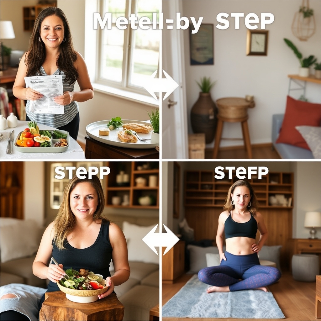 Step-by-step wellness transformation process showing healthy meal planning, exercise routines, and lifestyle changes in a warm, natural setting