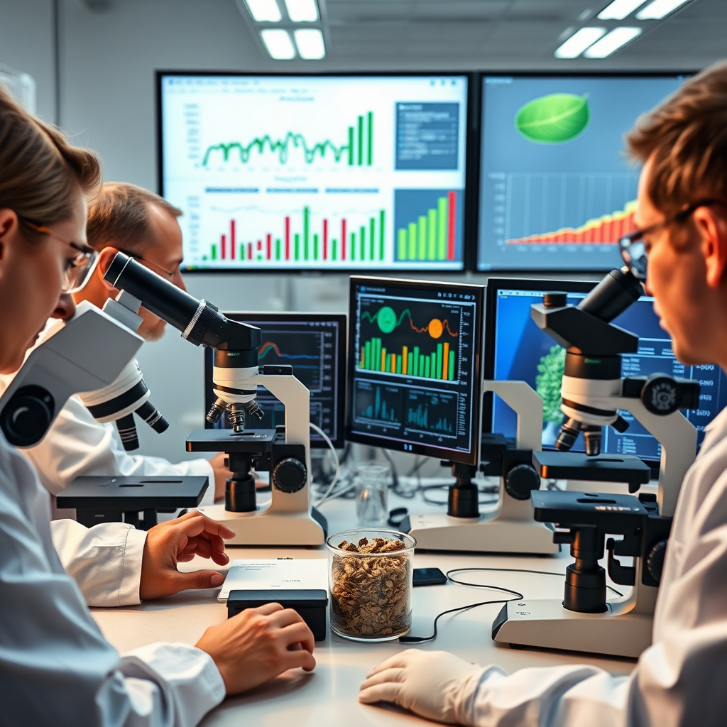 Modern laboratory setting with scientists analyzing plant-based compounds under microscopes, with charts and graphs showing nutritional data on computer screens, representing cutting-edge research in plant nutrition
