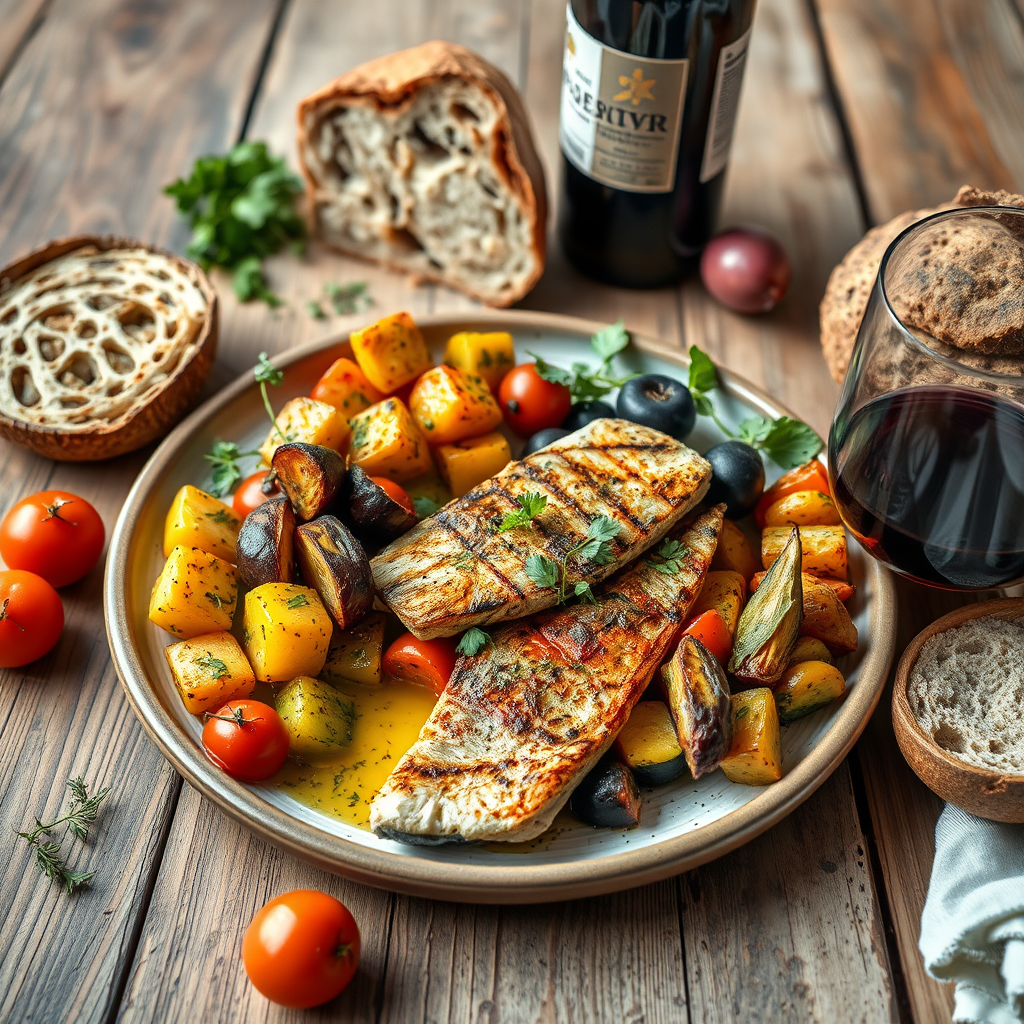 Colorful Mediterranean meal featuring grilled fish, roasted vegetables, olive oil, fresh herbs, whole grain bread, and a glass of red wine on a rustic wooden table with natural lighting