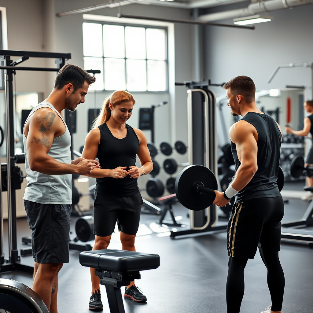 Professional fitness trainer conducting body composition assessment with modern equipment while client performs strength exercises in a well-equipped gym with natural lighting and motivational atmosphere