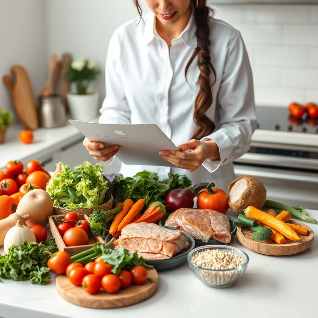 Nutritionist creating personalized meal plan with fresh organic ingredients, colorful vegetables, lean proteins, and whole grains arranged on a clean kitchen counter