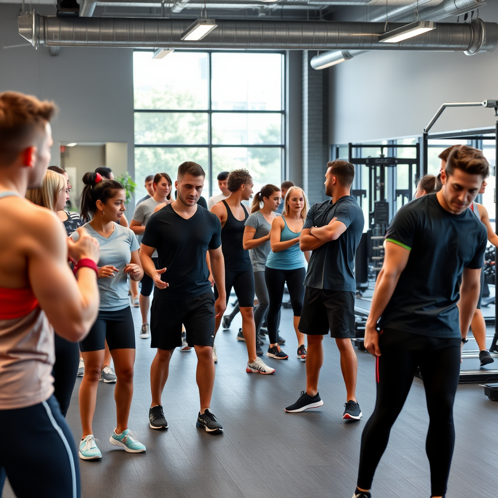Diverse group of people following personalized training programs in a modern fitness facility with professional trainers providing guidance and support