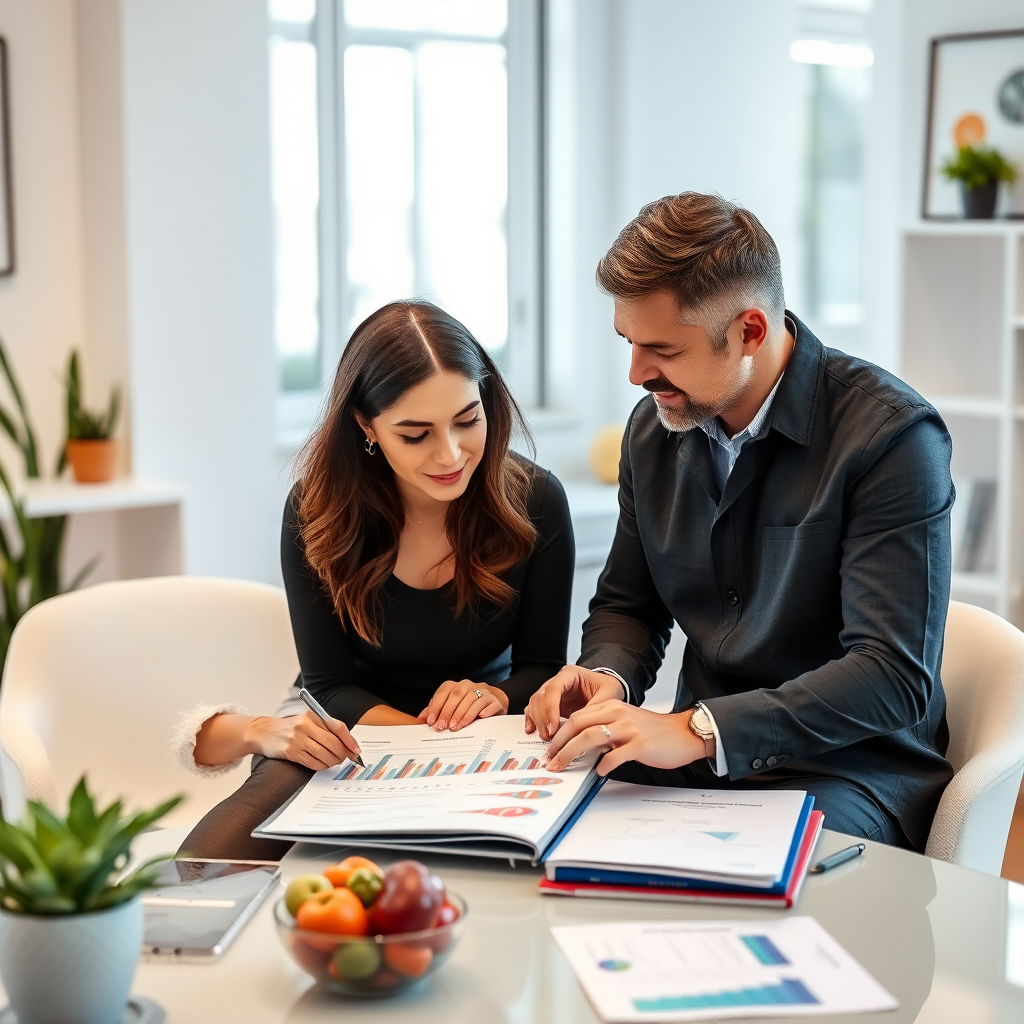 Wellness consultant and client working together on a personalized health plan, reviewing charts and discussing nutrition and lifestyle goals in a bright, modern office setting