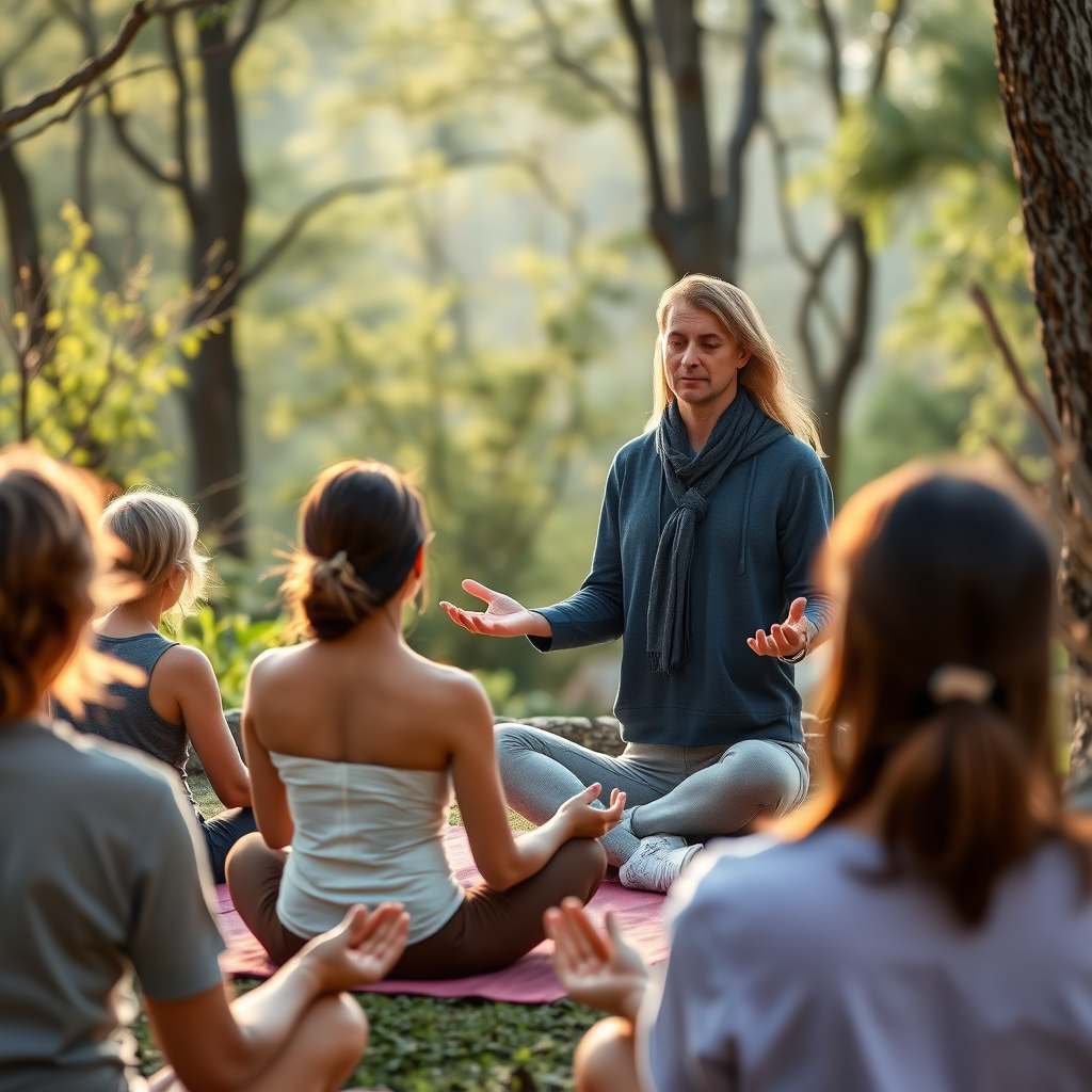 Experienced wellness coach guiding a small group in meditation practice in a calm natural setting with soft natural lighting