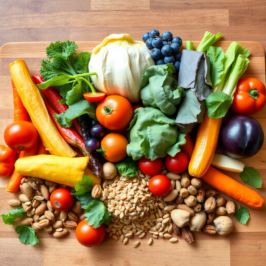 Vibrant array of fresh plant-based foods including colorful vegetables, fruits, nuts, seeds, and grains arranged artistically on a wooden cutting board with natural lighting highlighting their nutritional richness