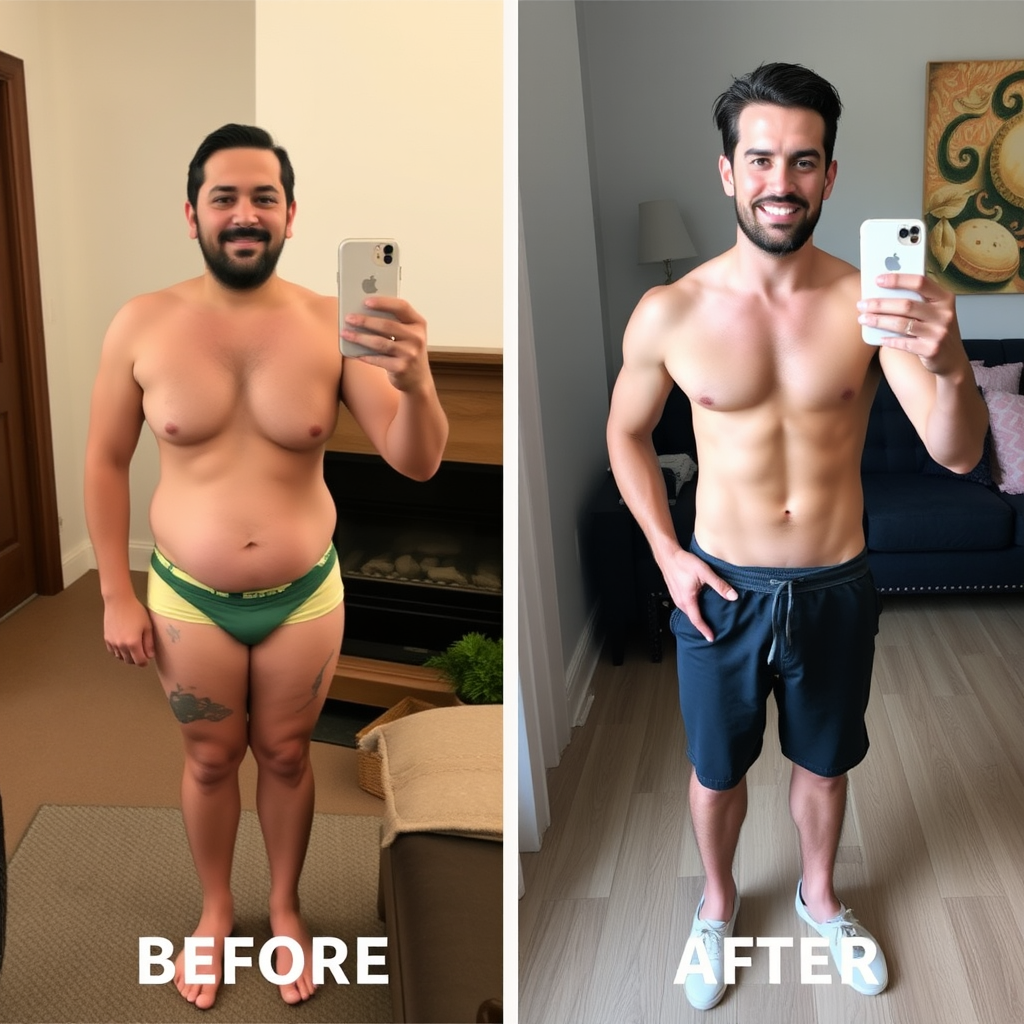 Before and after transformation photos showing healthy individuals who have successfully adopted plant-based nutrition, displaying increased vitality and improved physical appearance