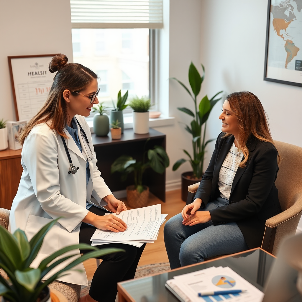 Health expert conducting comprehensive wellness consultation with client, reviewing health charts and lifestyle assessments in a calm, professional office setting with plants and natural elements