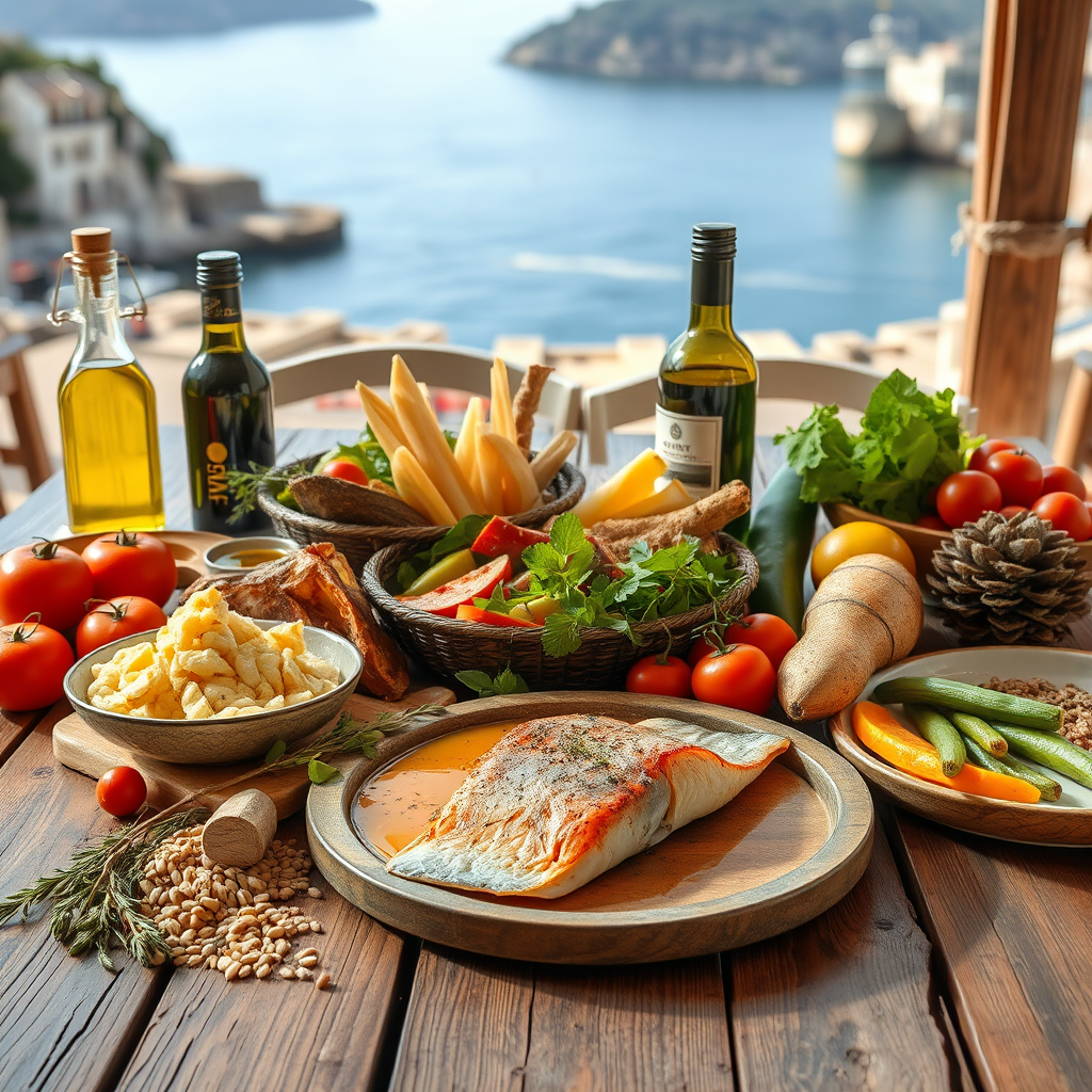 Beautiful Mediterranean meal spread featuring olive oil, fresh fish, colorful vegetables, whole grains, and herbs on a rustic wooden table with Mediterranean coastal scenery in the background