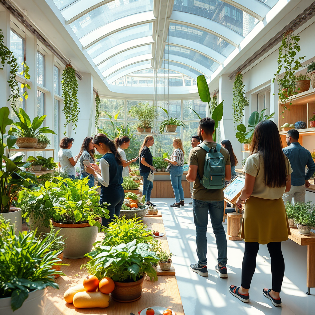 Futuristic wellness center with people engaging in plant-based nutrition programs, featuring modern technology integration and holistic health approaches in a bright, natural environment