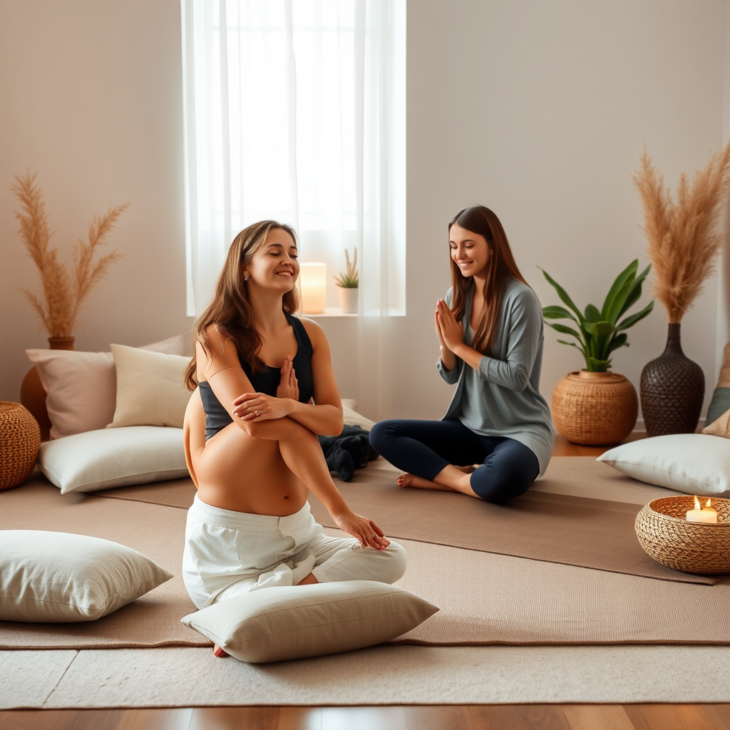 Peaceful meditation session with wellness coach guiding client through mindfulness techniques in a serene room with soft lighting, cushions, and calming natural decor elements