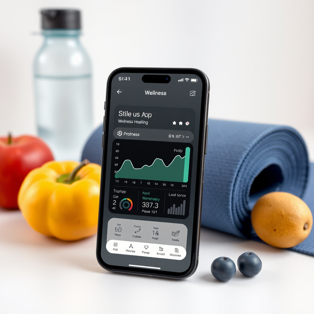 Modern smartphone displaying a wellness app interface with health tracking charts and metrics, surrounded by fitness accessories like a water bottle, yoga mat, and fresh fruits on a clean minimalist desk