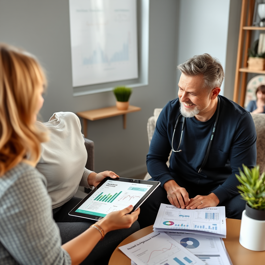 Health coach reviewing progress charts and wellness metrics with motivated client, showing positive health transformation results on tablet and printed reports in supportive coaching environment