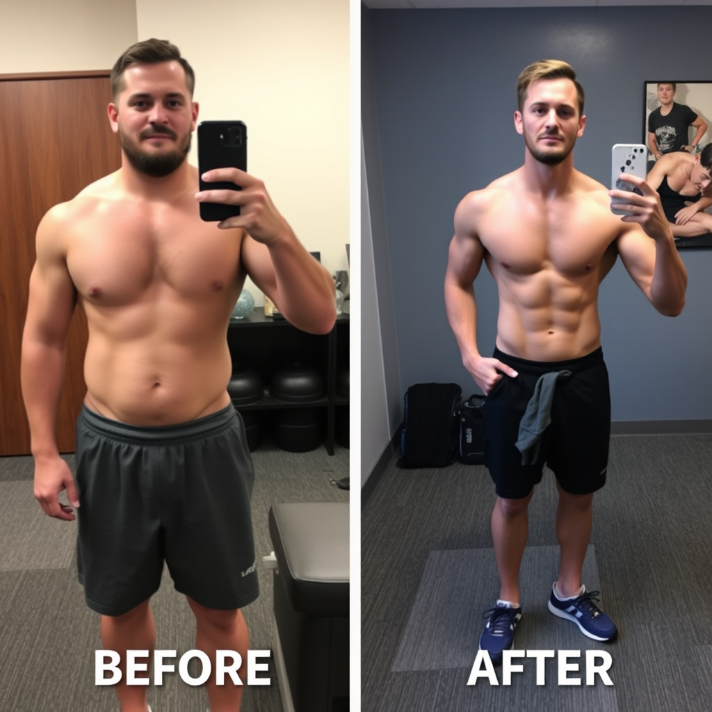 Before and after transformation photos showing measurable fitness improvements including increased muscle definition, improved posture, and enhanced overall physical wellness